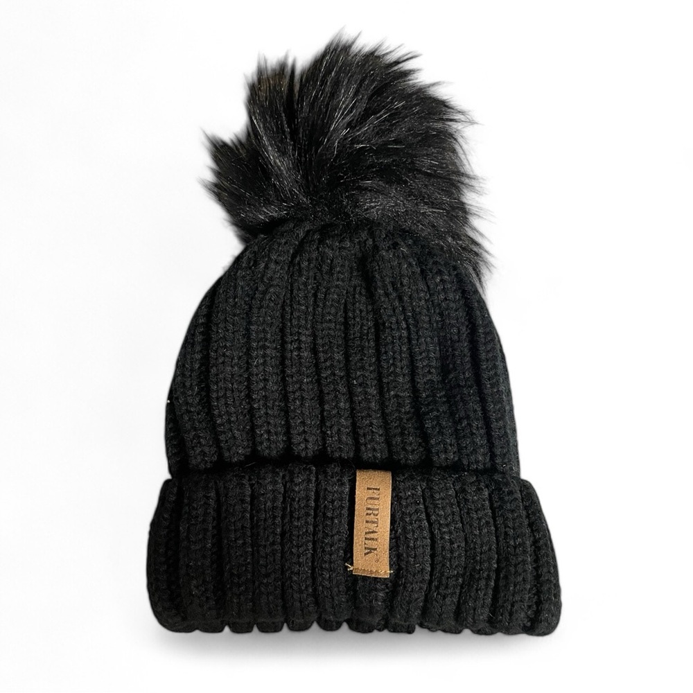 FURTALK Winter Kids Real Fur Pom Pom Hat Double Layer (black)